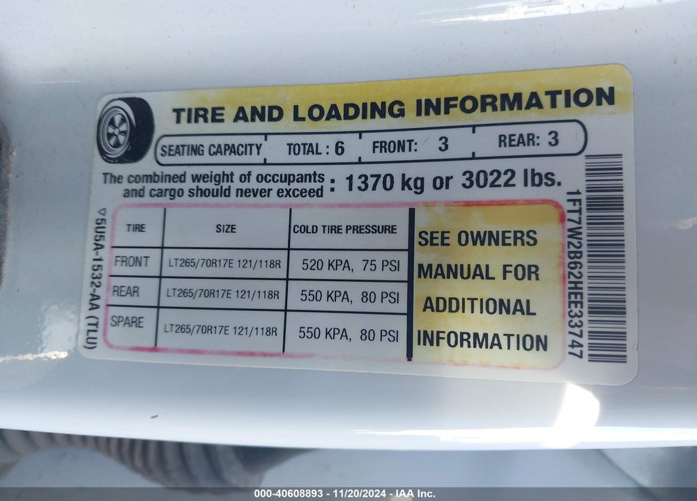 2017 FORD F-250 XL VIN: 1FT7W2B62HEE33747