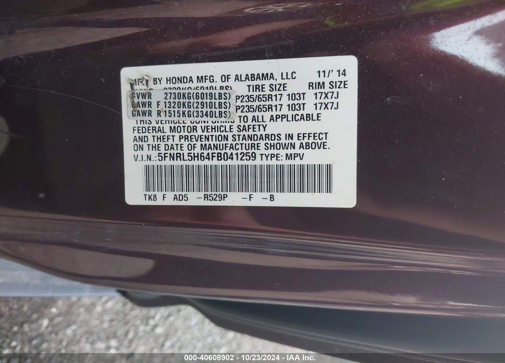 2015 HONDA ODYSSEY EX-L VIN: 5FNRL5H64FB041259
