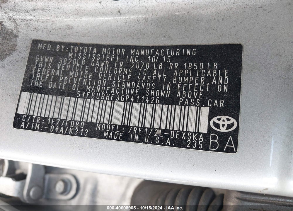 2016 TOYOTA COROLLA S PLUS VIN: 5YFBURHE3GP411426