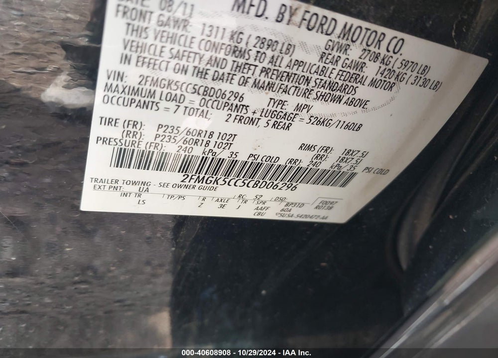 2012 FORD FLEX SEL VIN: 2FMGK5CC5CBD06296