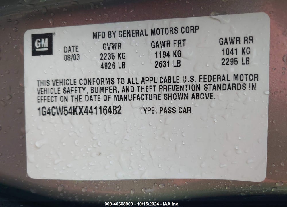 2004 BUICK PARK AVENUE VIN: 1G4CW54KX44116482