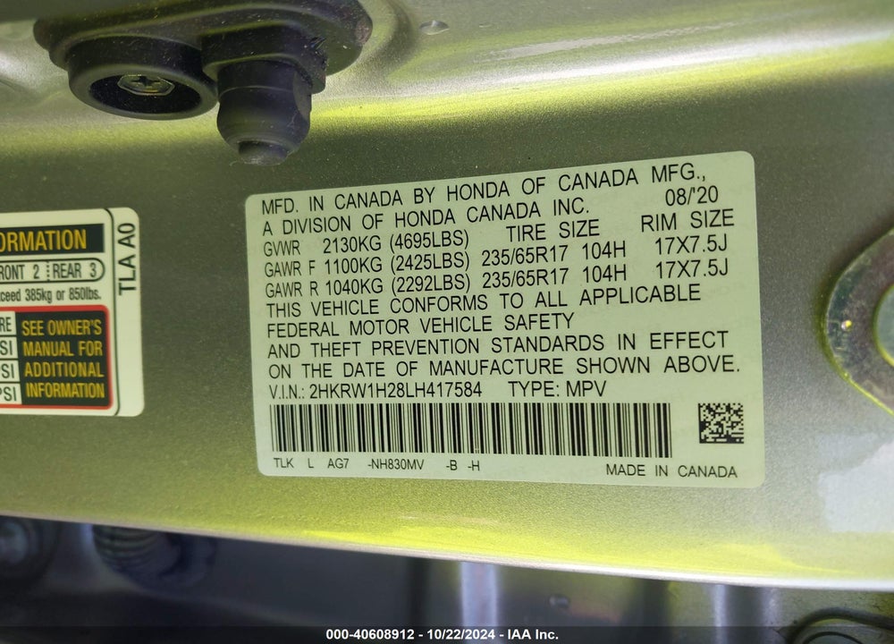2020 HONDA CR-V 2WD LX VIN: 2HKRW1H28LH417584