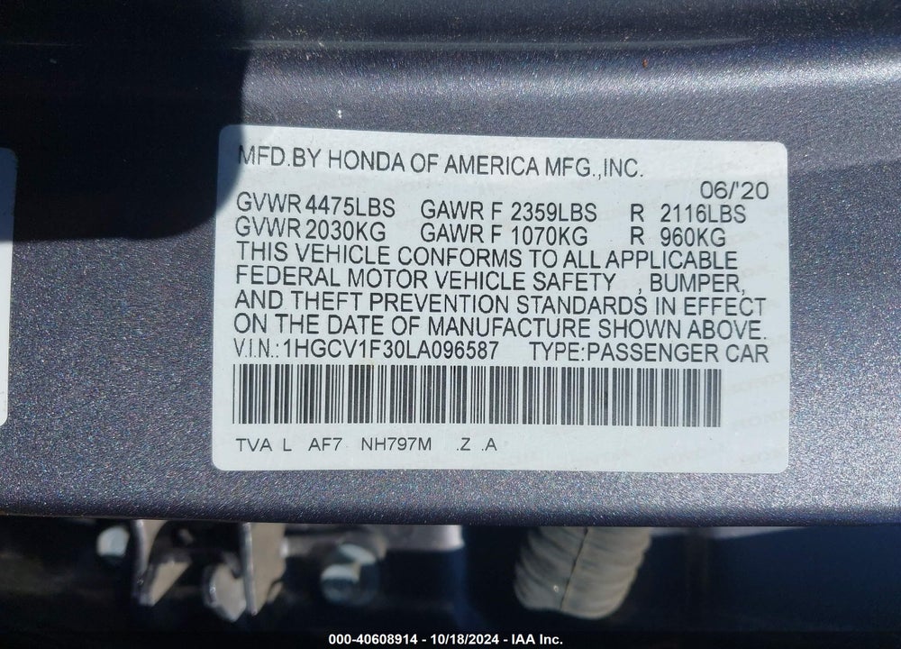 2020 HONDA ACCORD SPORT VIN: 1HGCV1F30LA096587
