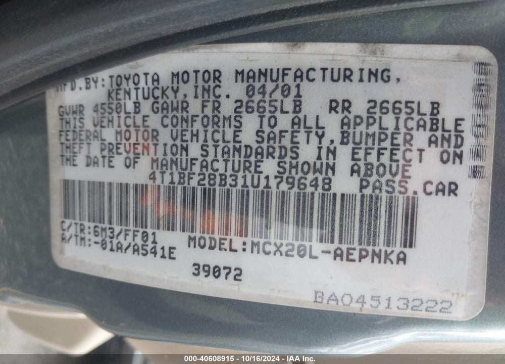 2001 TOYOTA AVALON XL VIN: 4T1BF28B31U179648