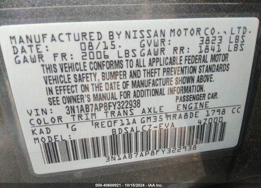 2015 NISSAN SENTRA S VIN: 3N1AB7AP8FY322938
