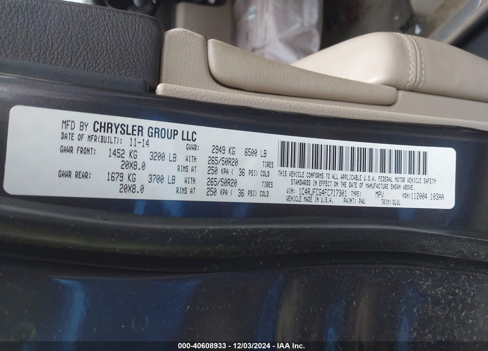 2015 JEEP GRAND CHEROKEE OVERLAND VIN: 1C4RJFCG4FC717301