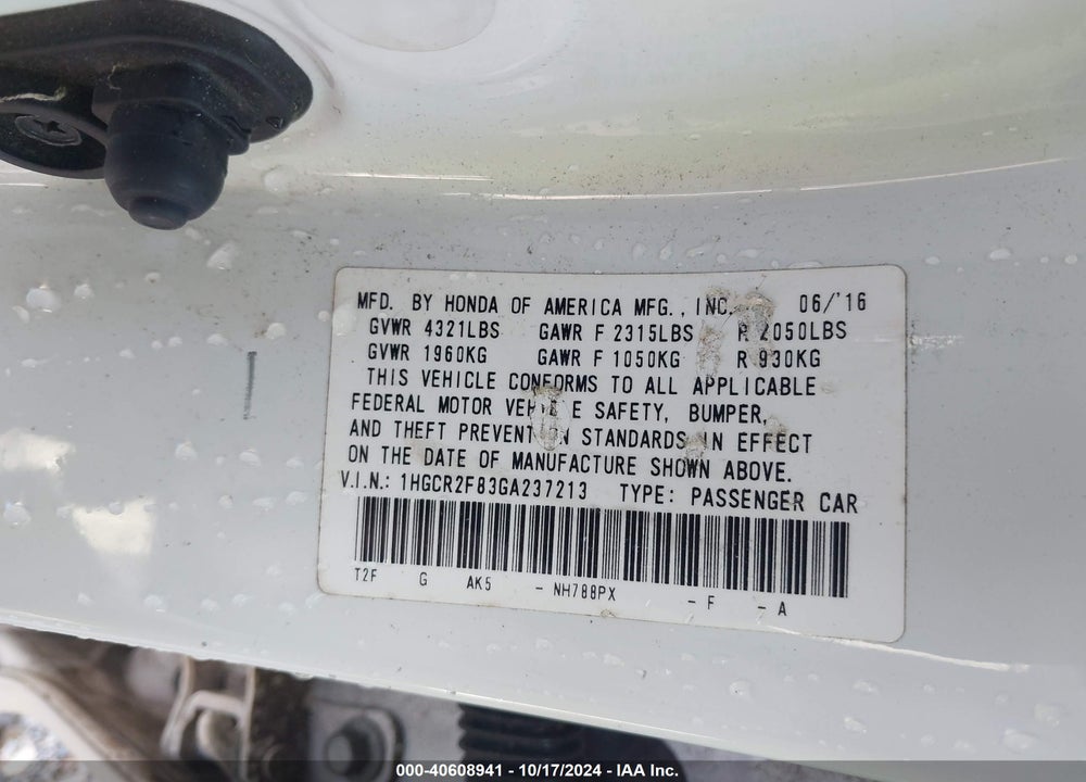 2016 HONDA ACCORD EX-L VIN: 1HGCR2F83GA237213