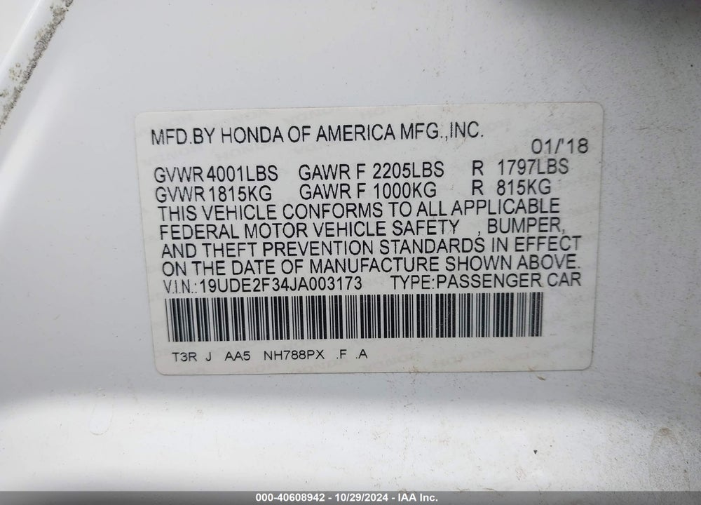 2018 ACURA ILX WATCH PLUS PACKAGE VIN: 19UDE2F34JA003173