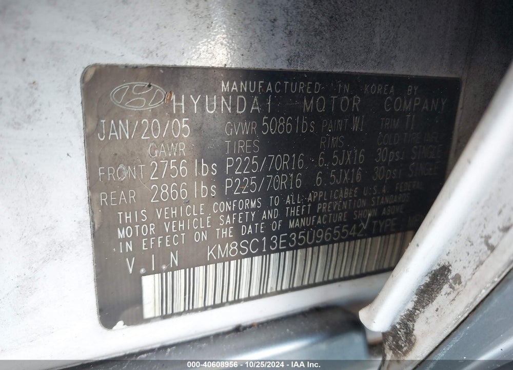 2005 HYUNDAI SANTA FE GLS/LX VIN: KM8SC13E35U965542