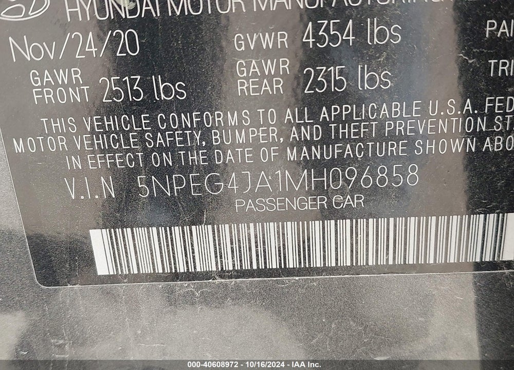2021 HYUNDAI SONATA SE VIN: 5NPEG4JA1MH096858