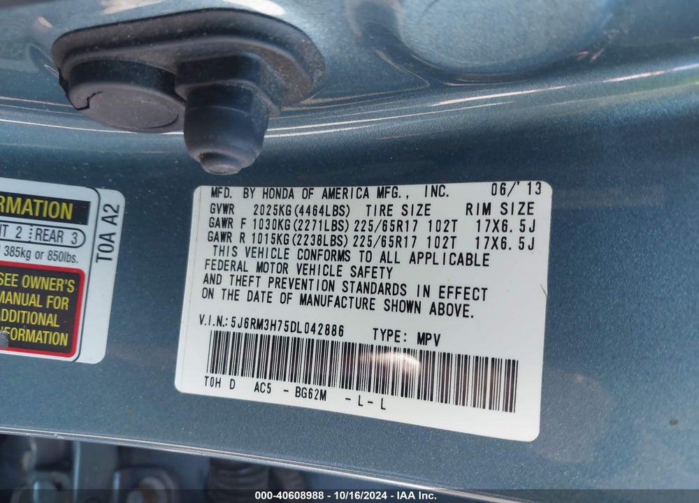 2013 HONDA CR-V EX-L VIN: 5J6RM3H75DL042886