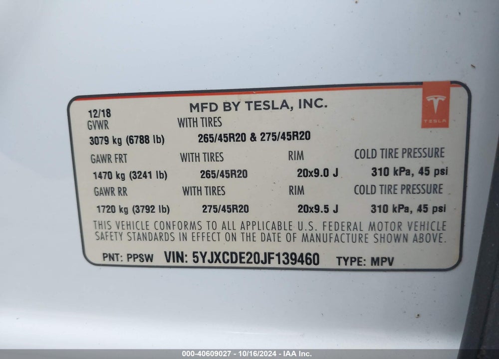 2018 TESLA MODEL X VIN: 5YJXCDE20JF139460