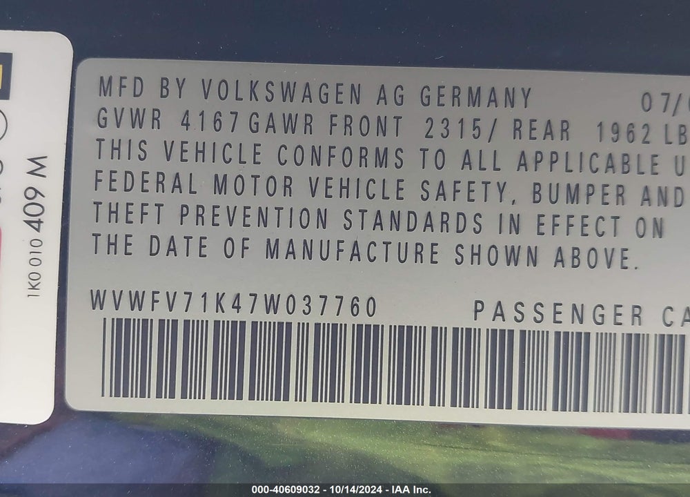 2007 VOLKSWAGEN GTI 2-DOOR VIN: WVWFV71K47W037760