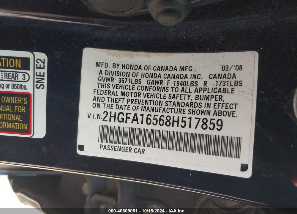 2008 HONDA CIVIC LX VIN: 2HGFA16568H517859