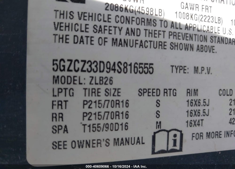 2004 SATURN VUE 4 CYL VIN: 5GZCZ33D94S816555