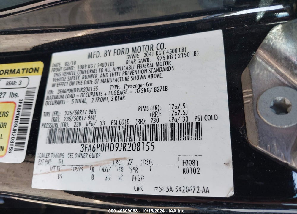 2018 FORD FUSION SE VIN: 3FA6P0HD9JR208155