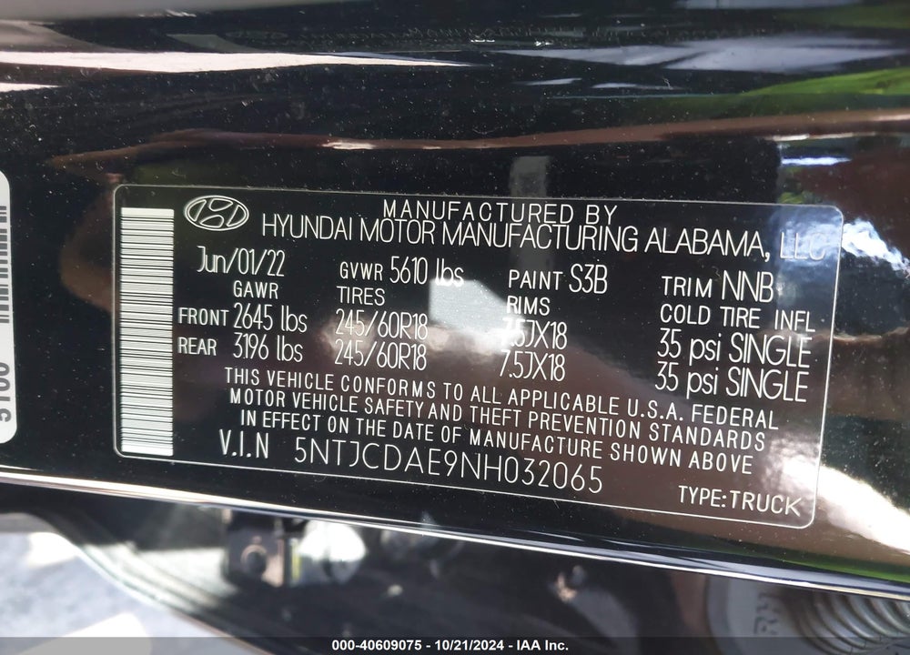 2022 HYUNDAI SANTA CRUZ SEL VIN: 5NTJCDAE9NH032065