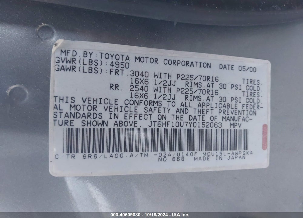 2000 LEXUS RX 300 VIN: JT6HF10U7Y0152083