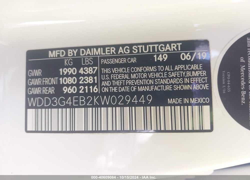 2019 MERCEDES-BENZ A 220 VIN: WDD3G4EB2KW029449