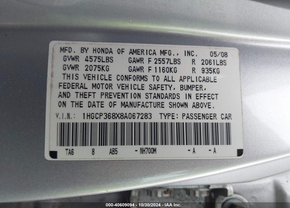 2008 HONDA ACCORD 3.5 EX-L VIN: 1HGCP368X8A067283