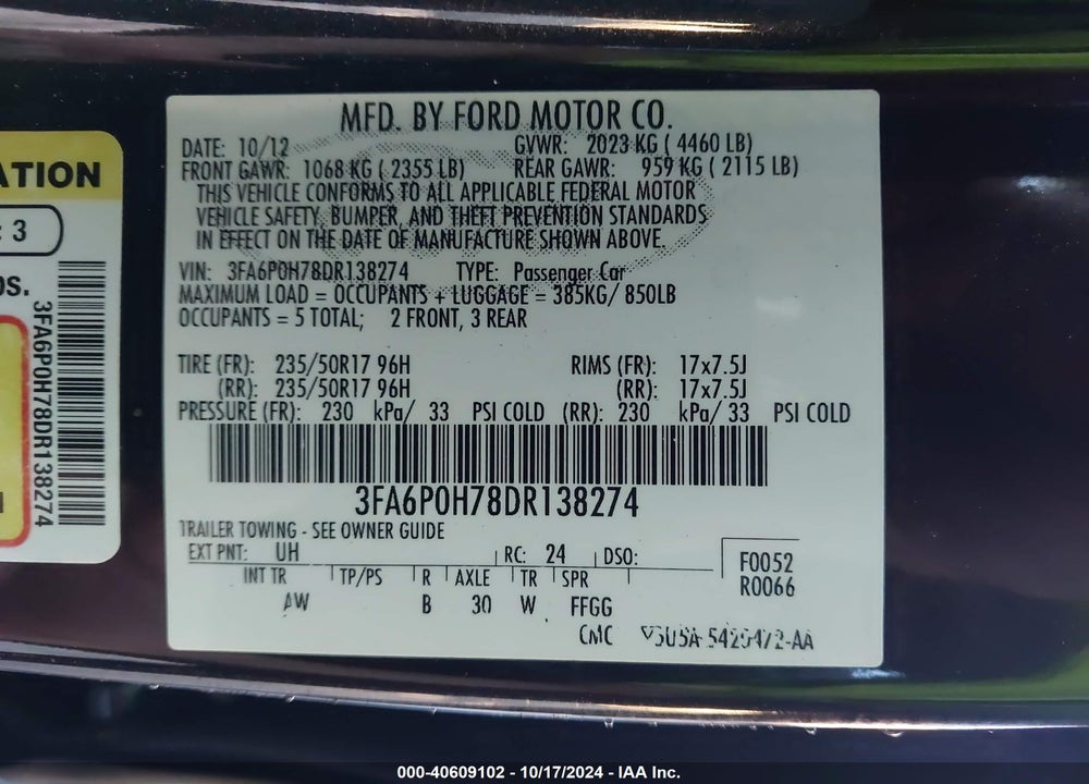 2013 FORD FUSION SE VIN: 3FA6P0H78DR138274