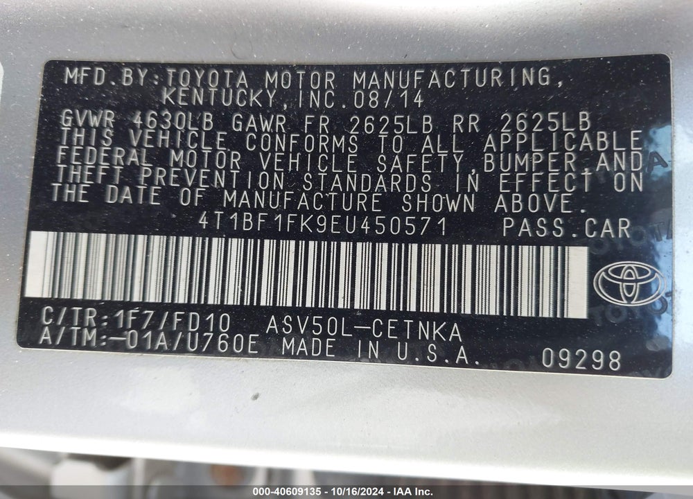2014 TOYOTA CAMRY LE VIN: 4T1BF1FK9EU450571