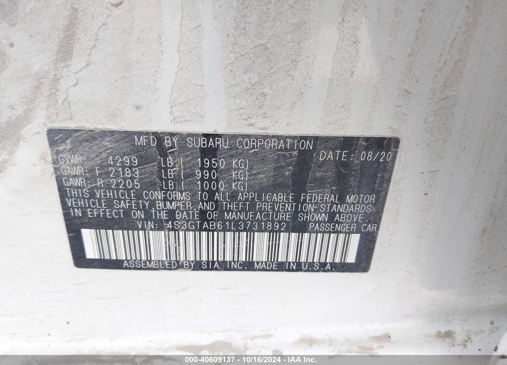 2020 SUBARU IMPREZA 5-DOOR VIN: 4S3GTAB61L3731892
