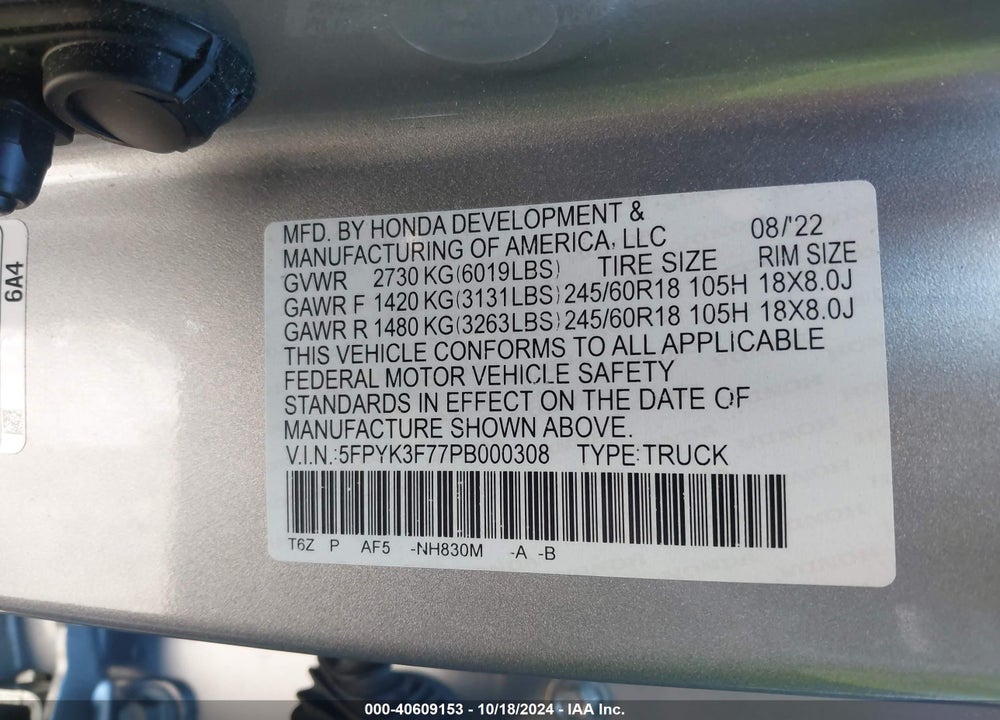 2023 HONDA RIDGELINE RTL-E VIN: 5FPYK3F77PB000308