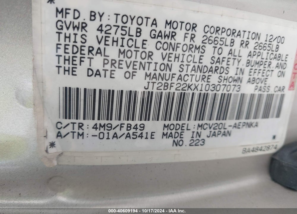 2001 TOYOTA CAMRY LE V6 VIN: JT2BF22KX10307073