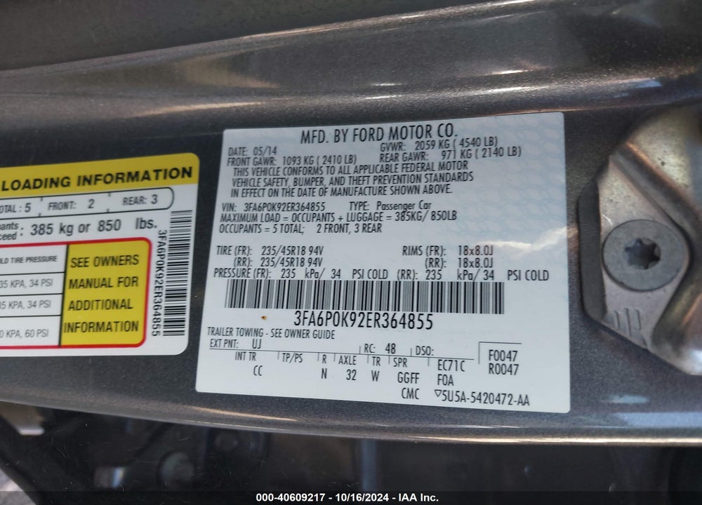 2014 FORD FUSION TITANIUM VIN: 3FA6P0K92ER364855