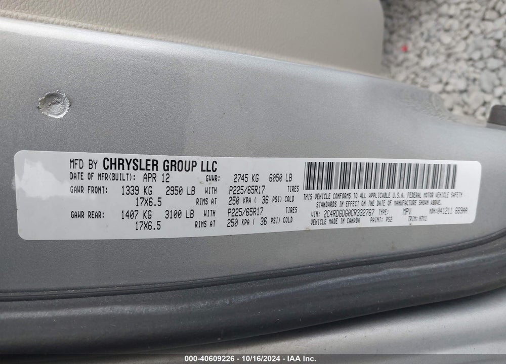 2012 DODGE GRAND CARAVAN CREW VIN: 2C4RDGDG0CR332767