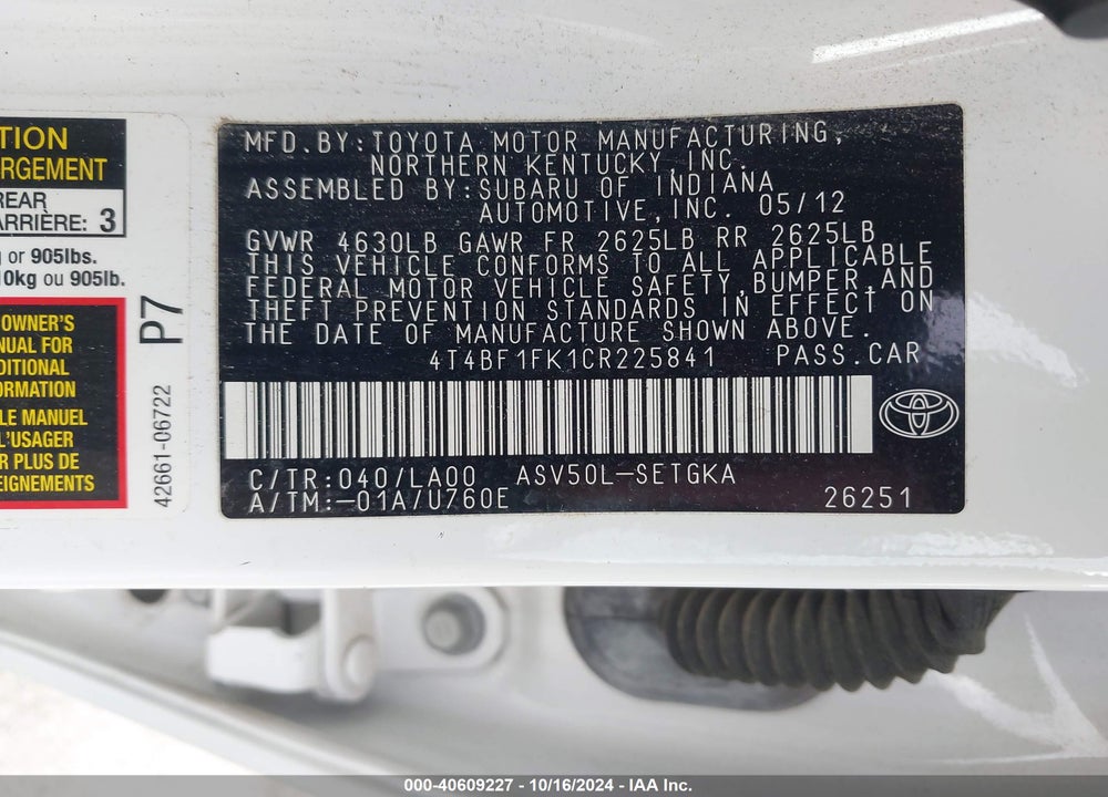 2012 TOYOTA CAMRY XLE VIN: 4T4BF1FK1CR225841