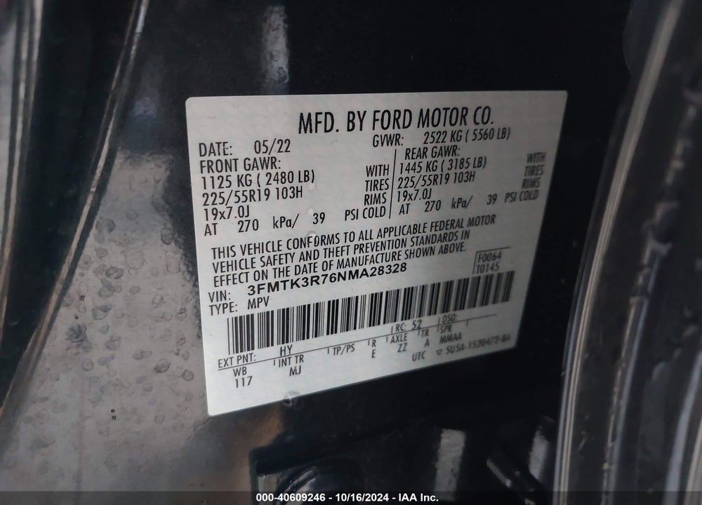 2022 FORD MUSTANG MACH-E PREMIUM VIN: 3FMTK3R76NMA28328