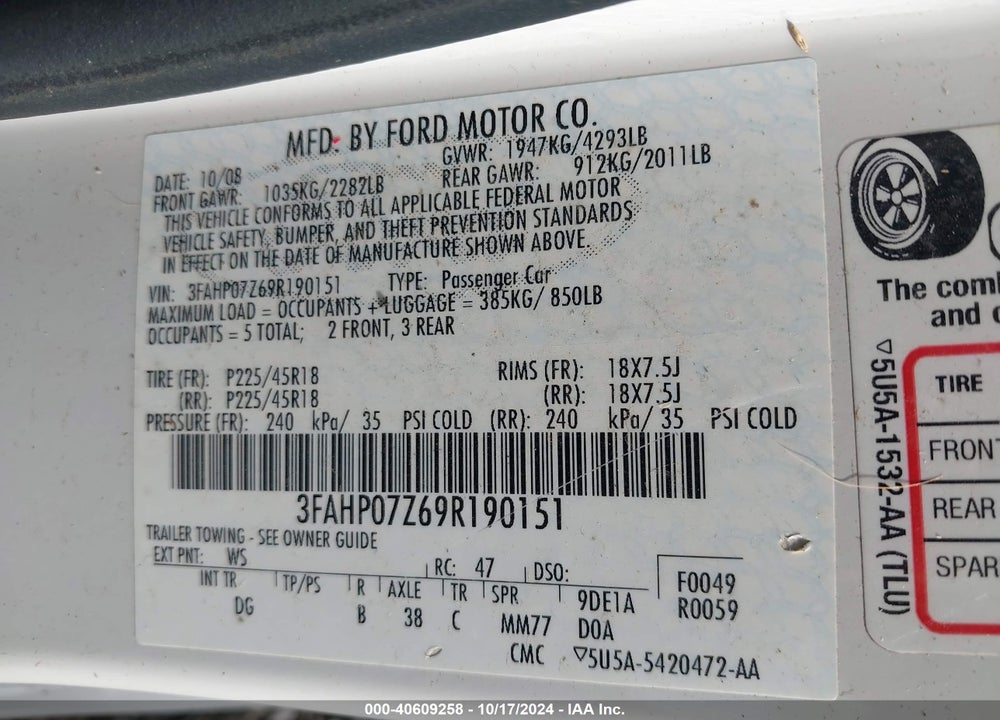 2009 FORD FUSION SE VIN: 3FAHP07Z69R190151