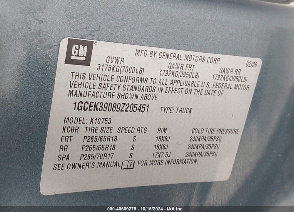 2009 CHEVROLET SILVERADO 1500 LTZ VIN: 1GCEK39089Z205451