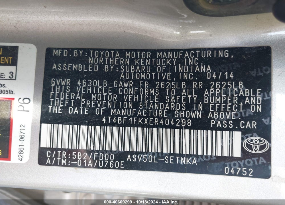 2014 TOYOTA CAMRY LE VIN: 4T4BF1FKXER404298
