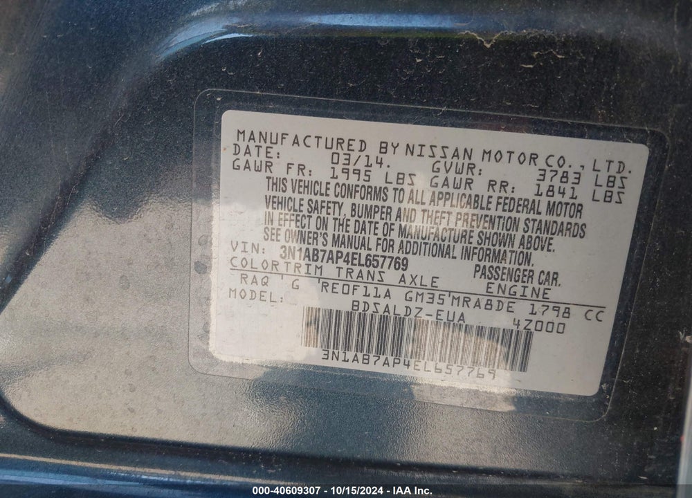 2014 NISSAN SENTRA SV VIN: 3N1AB7AP4EL657769