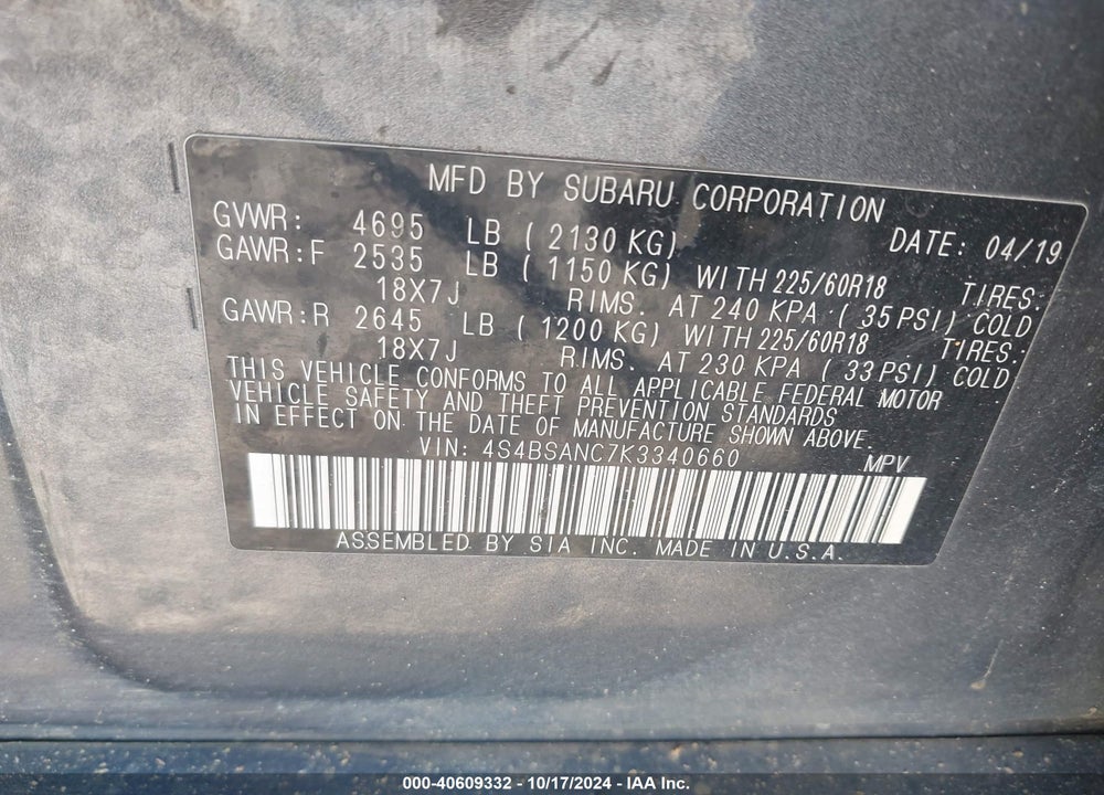 2019 SUBARU OUTBACK 2.5I LIMITED VIN: 4S4BSANC7K3340660