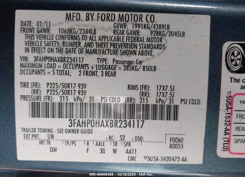 2011 FORD FUSION SE VIN: 3FAHP0HAXBR234117