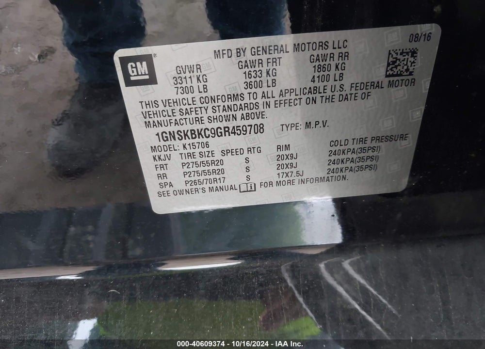 2016 CHEVROLET TAHOE LT VIN: 1GNSKBKC9GR459708