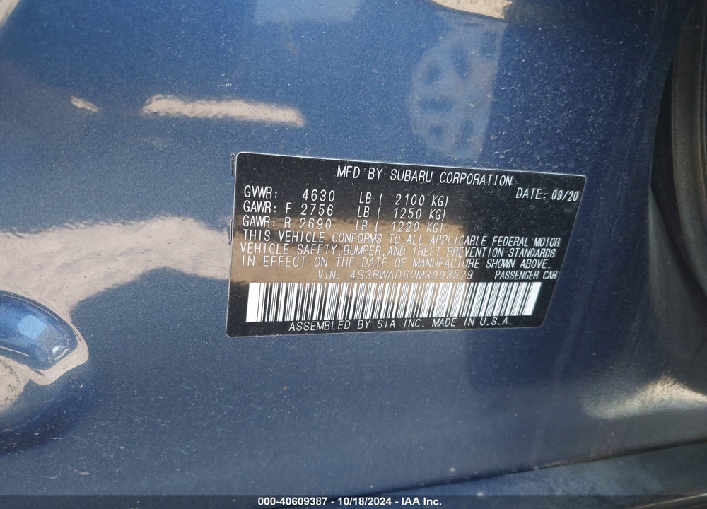 2021 SUBARU LEGACY PREMIUM VIN: 4S3BWAD62M3003529