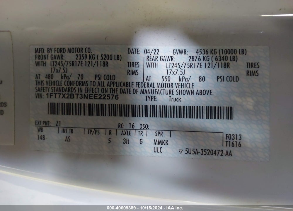 2022 FORD F-250 XL VIN: 1FT7X2BT3NEE22576