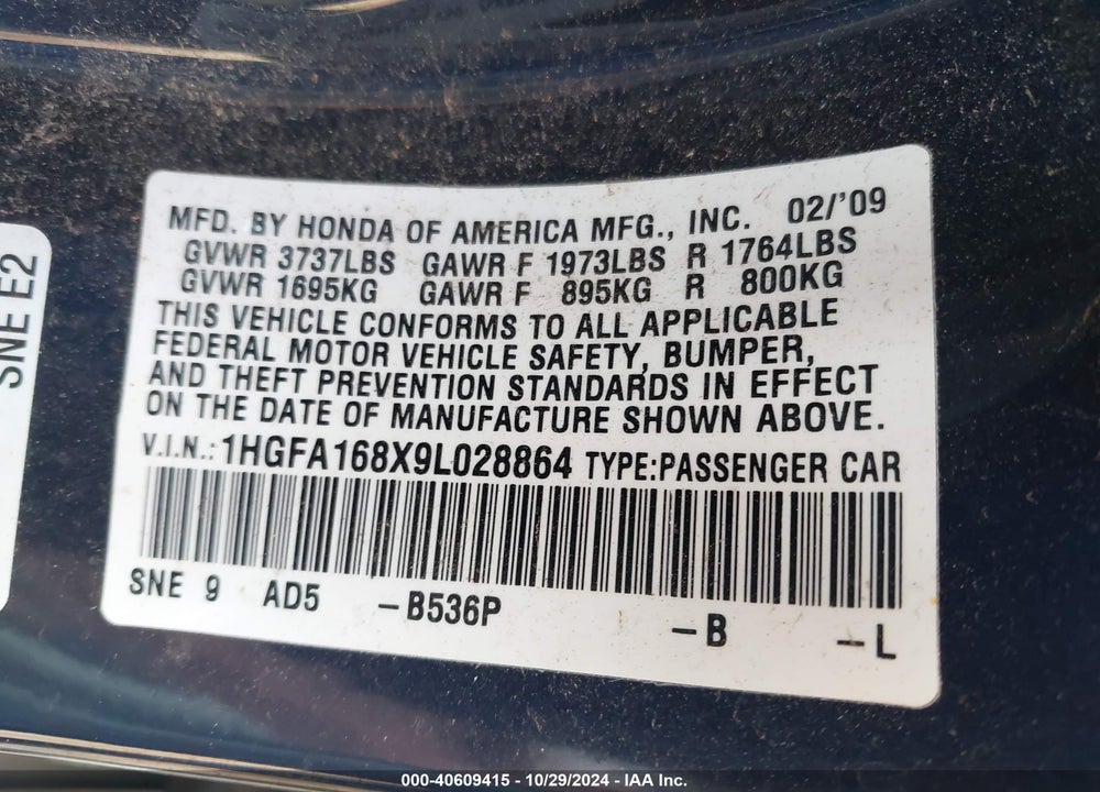 2009 HONDA CIVIC EX VIN: 1HGFA168X9L028864