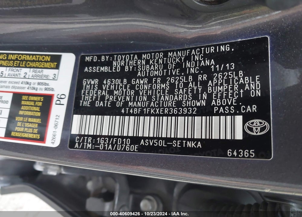 2014 TOYOTA CAMRY LE VIN: 4T4BF1FKXER363932