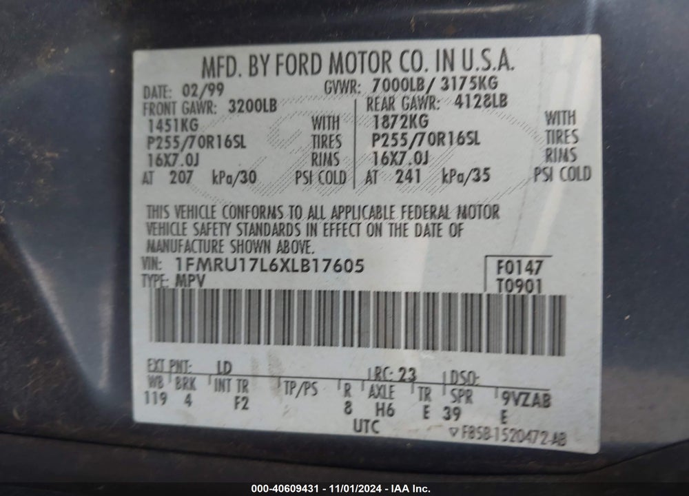 1999 FORD EXPEDITION EDDIE BAUER/XLT VIN: 1FMRU17L6XLB17605