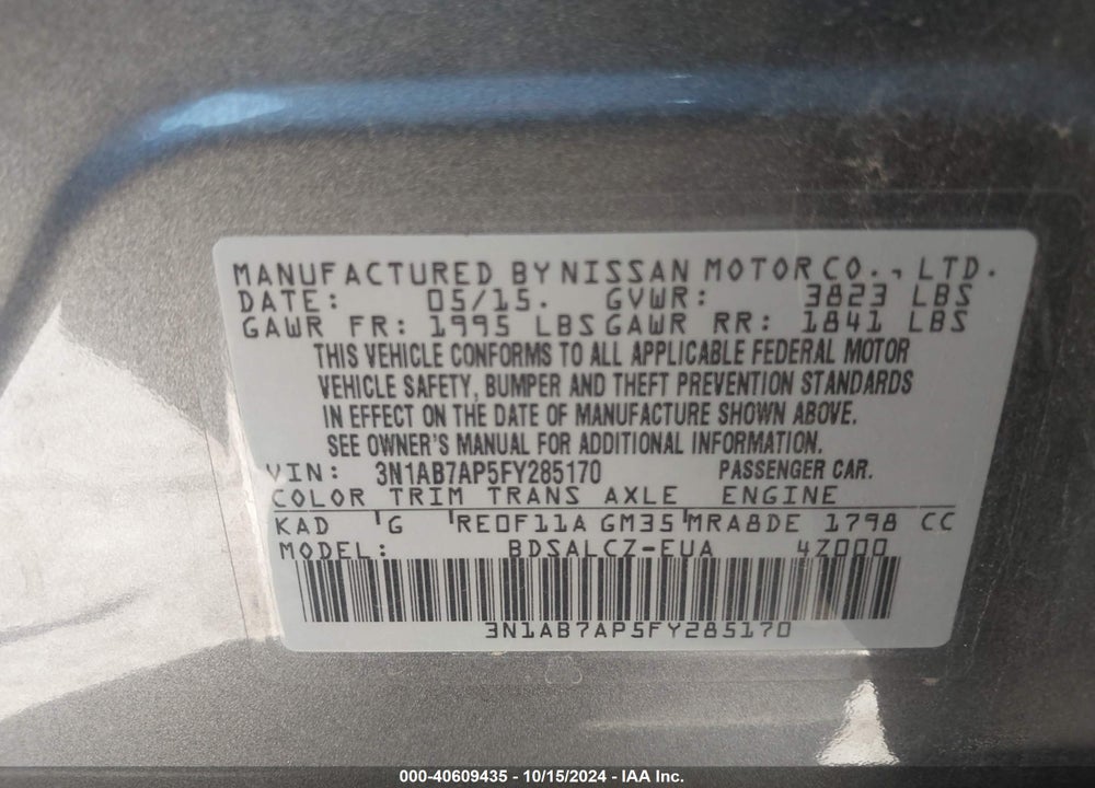 2015 NISSAN SENTRA S VIN: 3N1AB7AP5FY285170
