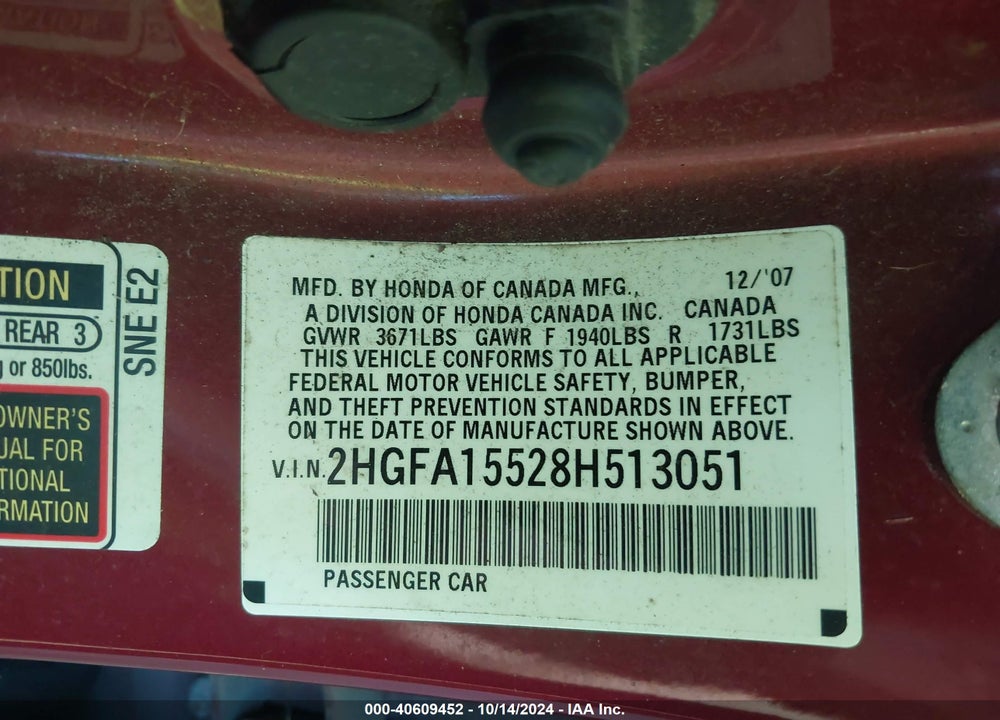2008 HONDA CIVIC LX VIN: 2HGFA15528H513051