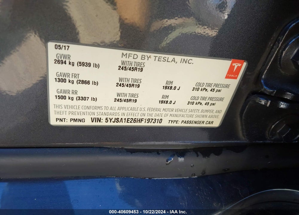 2017 TESLA MODEL S 100D/60D/75D/90D/P100D VIN: 5YJSA1E26HF197310