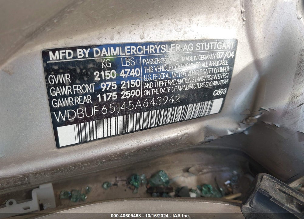 2005 MERCEDES-BENZ E 320 VIN: WDBUF65J45A643942