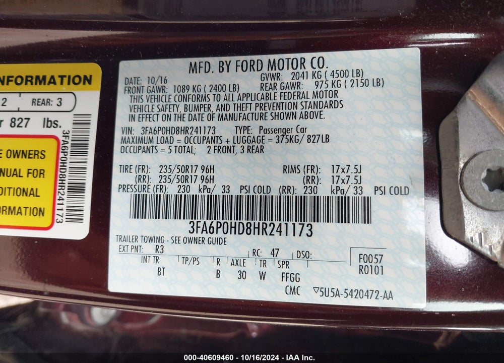2017 FORD FUSION SE VIN: 3FA6P0HD8HR241173